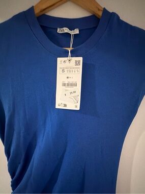 ZARA Blue Bodycon Ruched Midi Crew Neck Dress Size Small